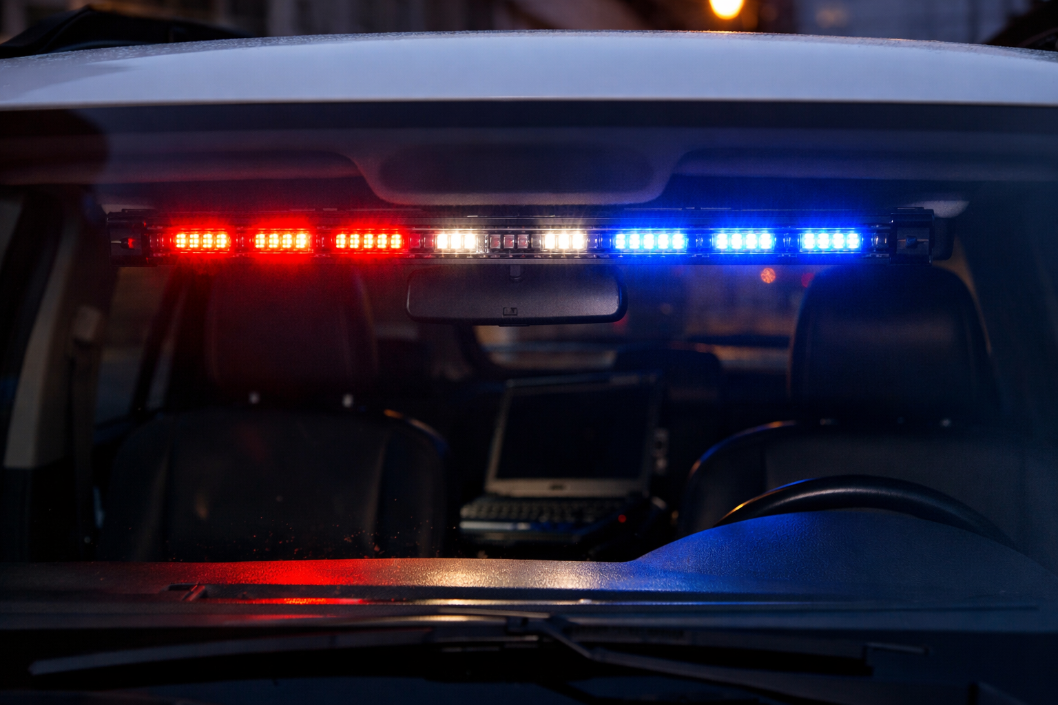 interior visor led light bar installed in emergency vehicle windshield