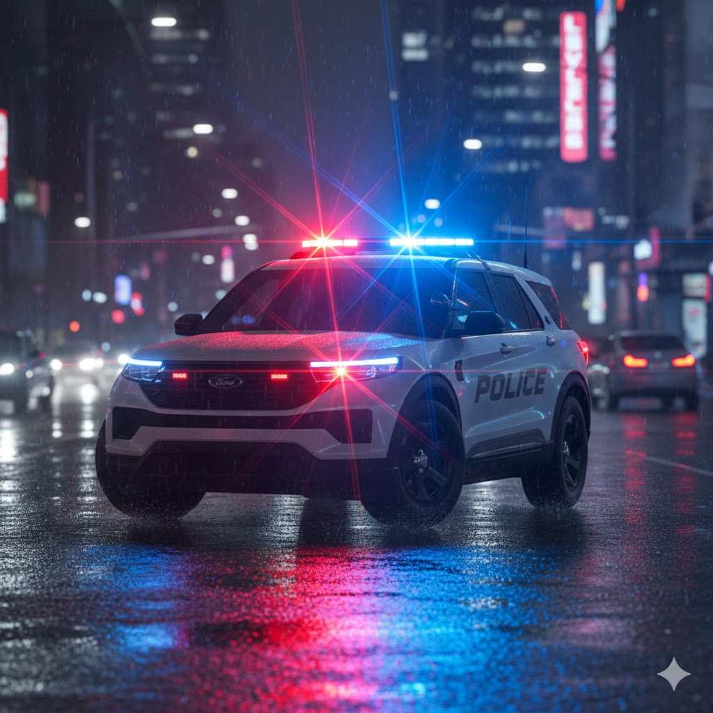 Police SUV with red and blue TIR LED strobe lights activated on wet city street.