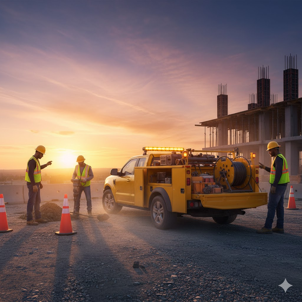 Construction utility truck with amber LED Mini Light Bar flashing at work zone.