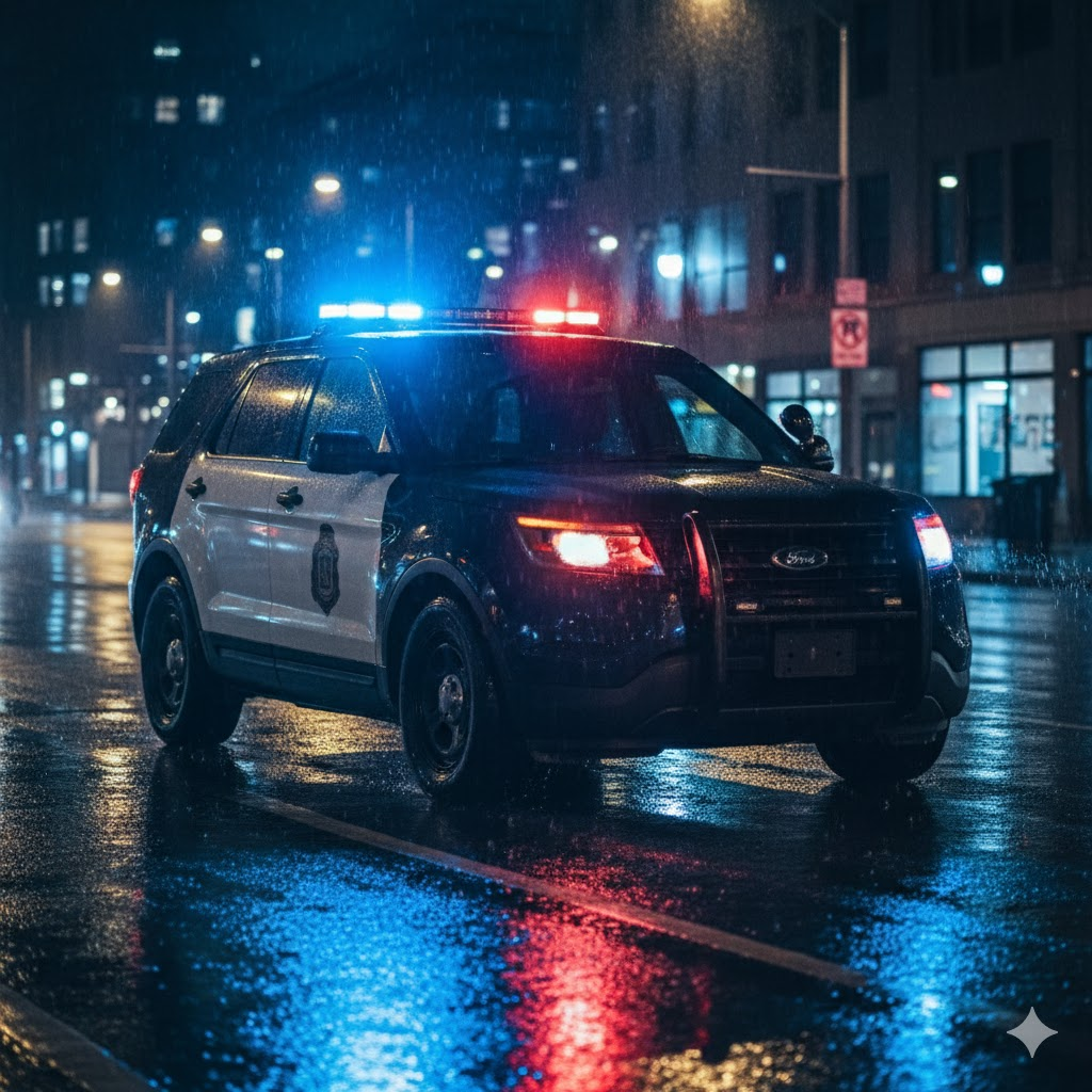 Police SUV using red and blue LED light bar to alert drivers.