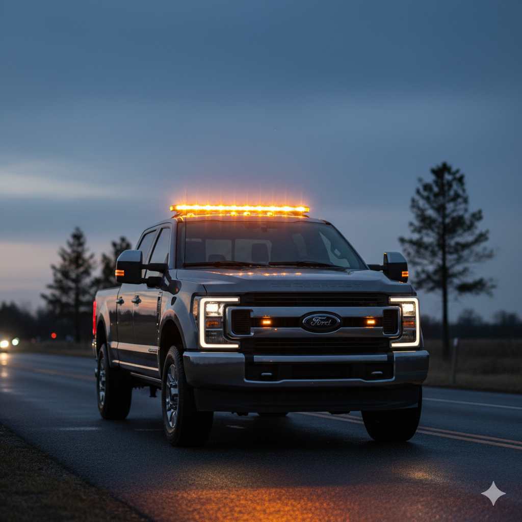 2025 Ford Super Duty truck with amber small LED light bar flashing on roof at dusk.