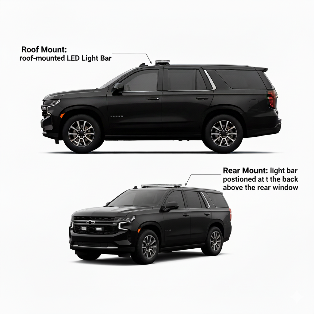 Two black SUVs demonstrating roof-mounted and rear-mounted LED light bar positions with labeled callouts