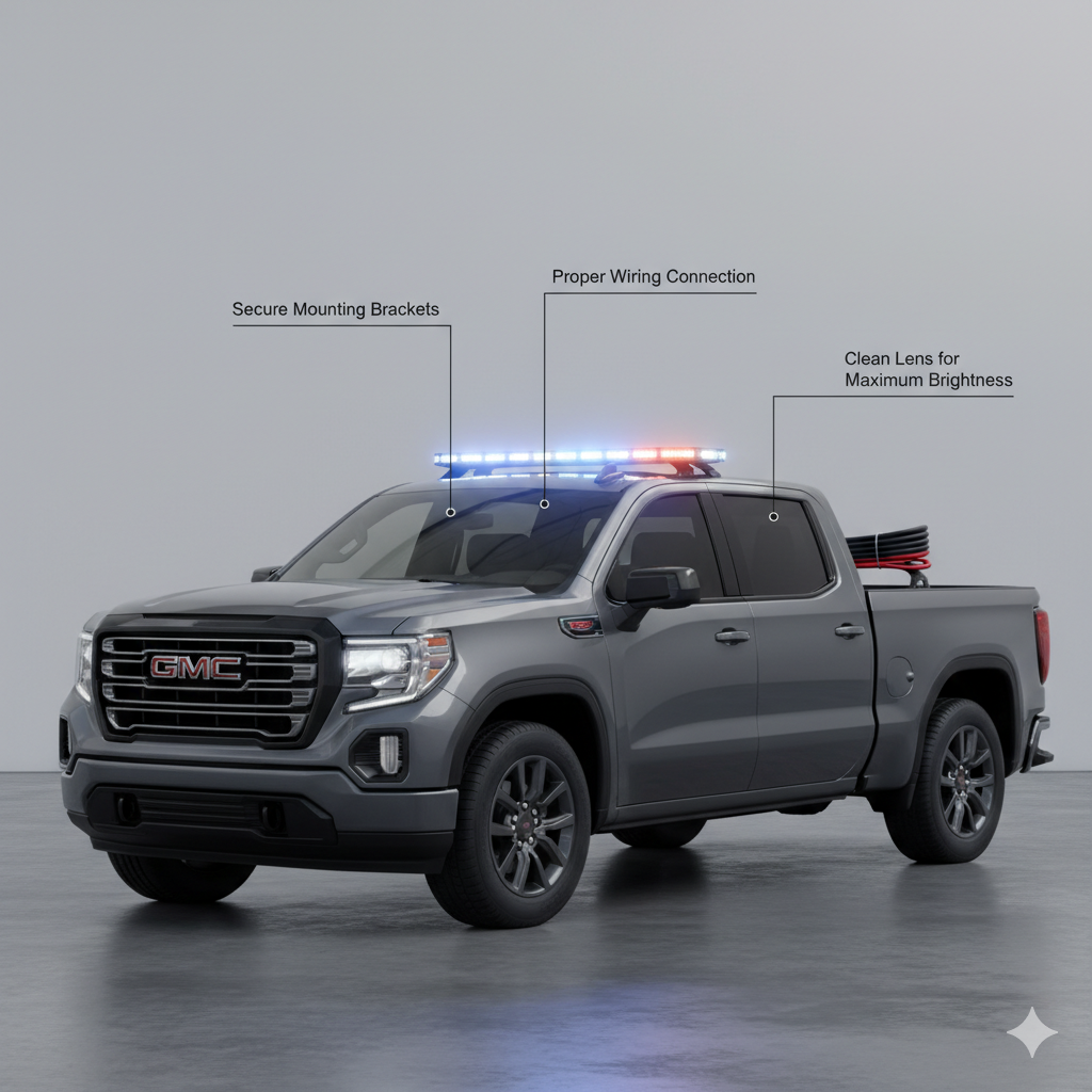 Gray GMC pickup showing red and blue LED roof light bar with labeled installation points for secure brackets, wiring, and lens maintenance.