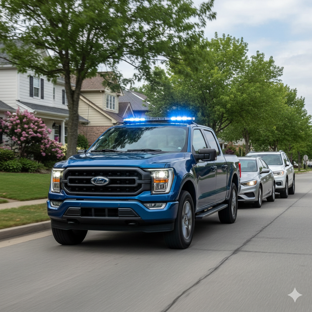 Volunteer firefighter truck with blue LED light bar responding to an emergency during the day.